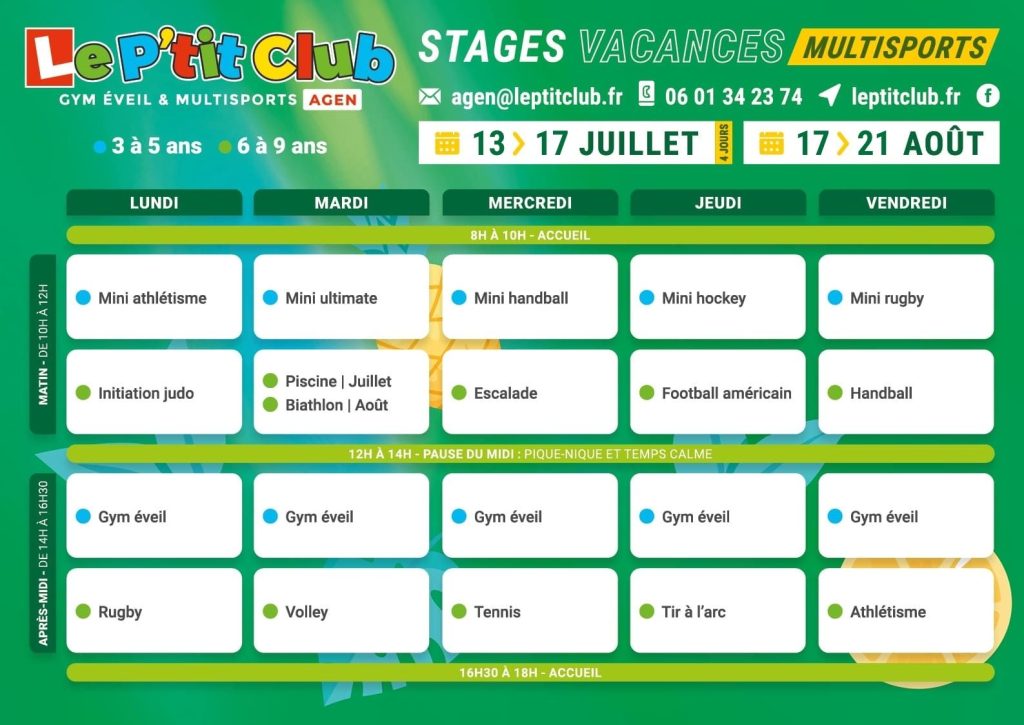 Planning 2 Stages vacances d'été 2026 Le P'tit Club Agen