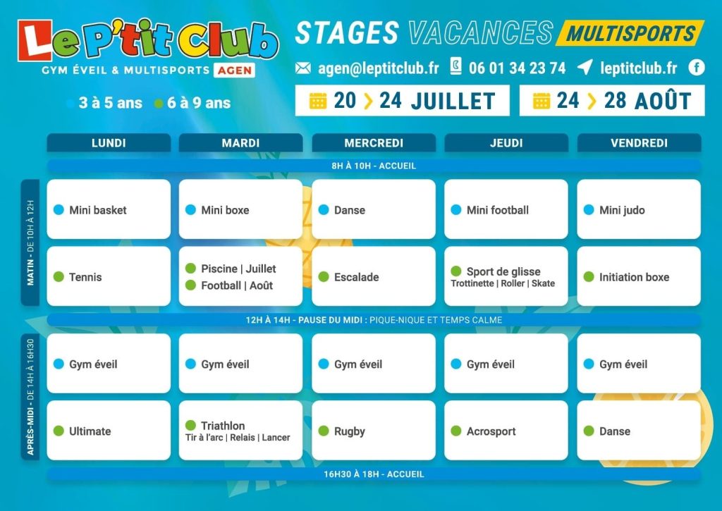 Planning 3 Stages vacances d'été 2026 Le P'tit Club Agen