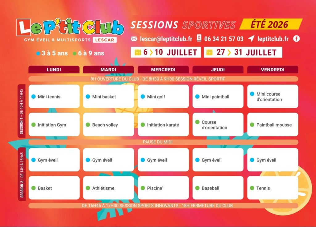 Planning 1 Stages vacances d'été 2026 Le P'tit Club Lescar