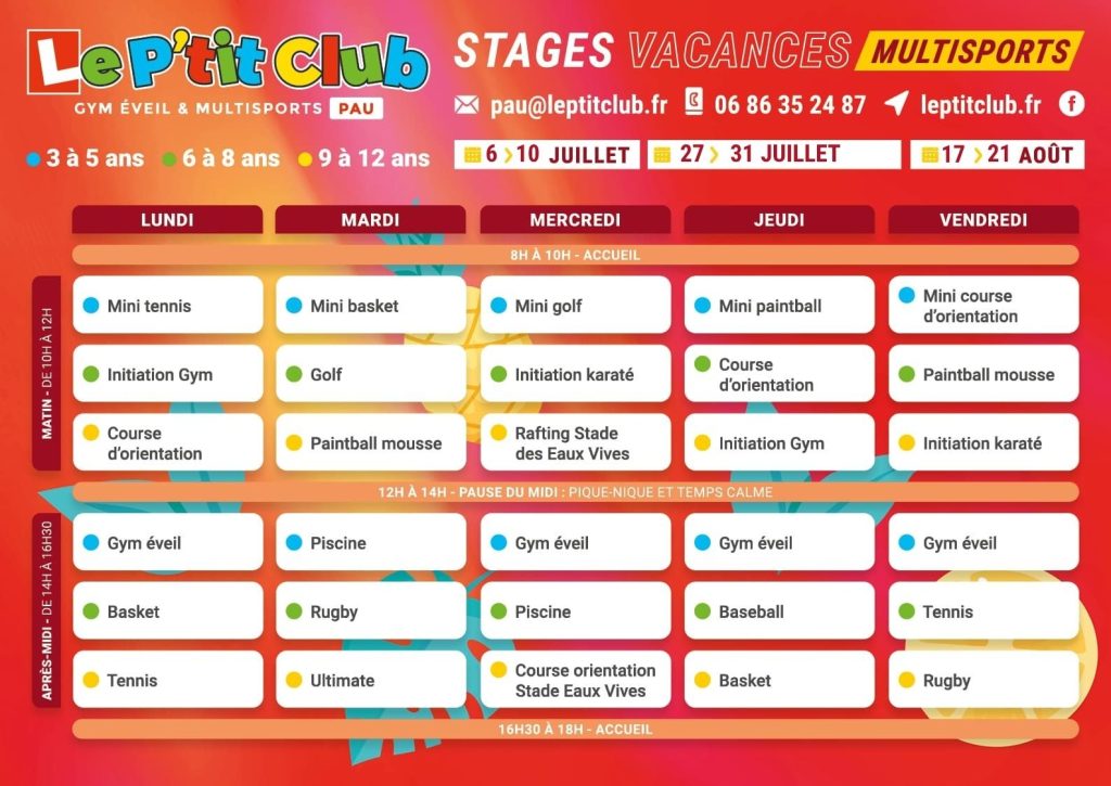Planning 1 Stages vacances d'été 2026 Le P'tit Club Pau