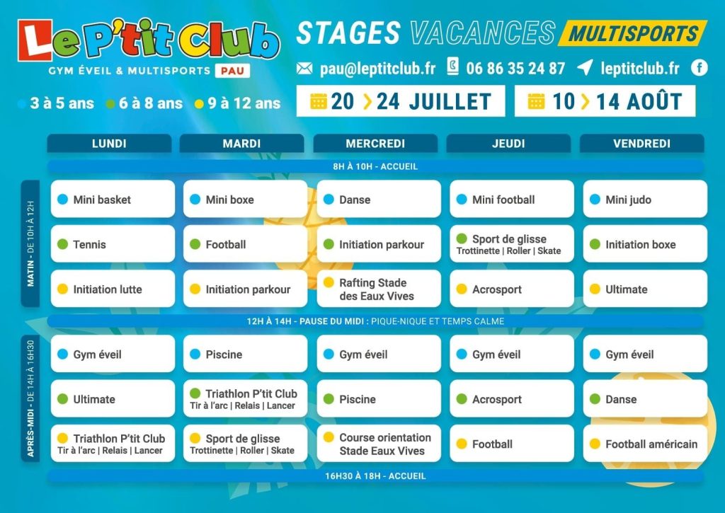 Planning 3 Stages vacances d'été 2026 Le P'tit Club Pau