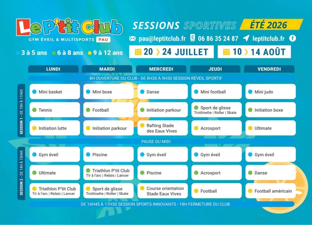 Planning 3 Stages vacances d'été 2026 Le P'tit Club Pau