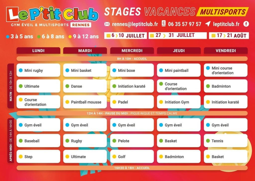 Planning 1 Stages vacances d'été 2026 Le P'tit Club Rennes