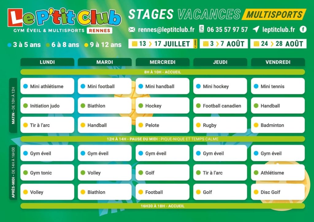 Planning 2 Stages vacances d'été 2026 Le P'tit Club Rennes