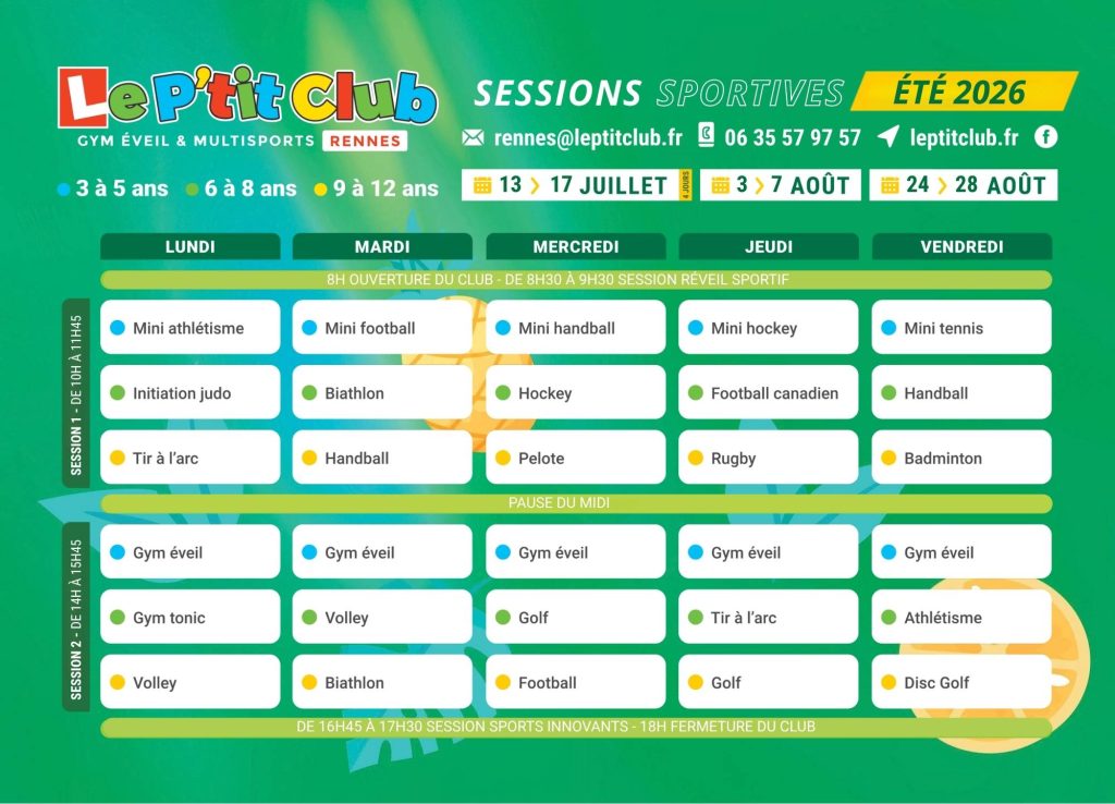 Planning 2 Stages vacances d'été 2026 Le P'tit Club Rennes