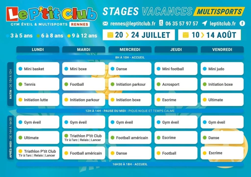 Planning 3 Stages vacances d'été 2026 Le P'tit Club Rennes