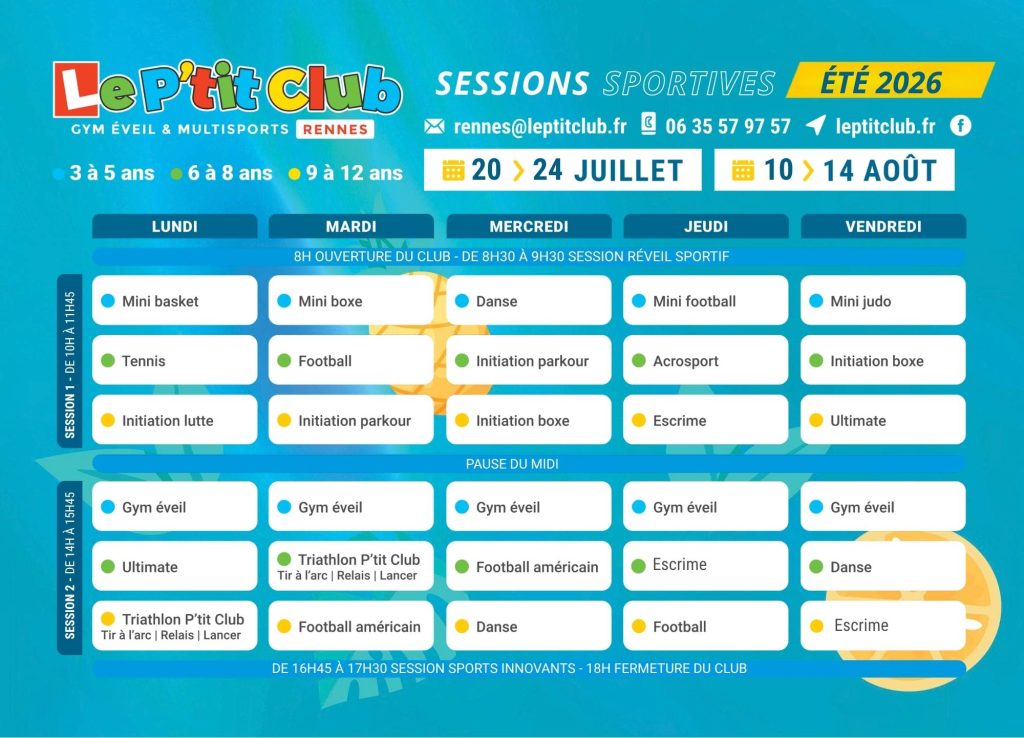 Planning 3 Stages vacances d'été 2026 Le P'tit Club Rennes