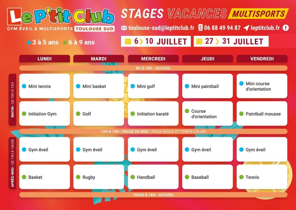 Planning 1 Stages vacances d'été 2026 Le P'tit Club Toulouse Sud