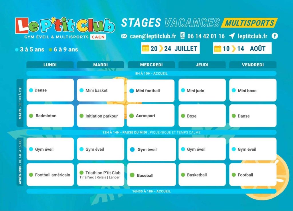 Planning 3 Stages vacances d'été 2026 Le P'tit Club Caen