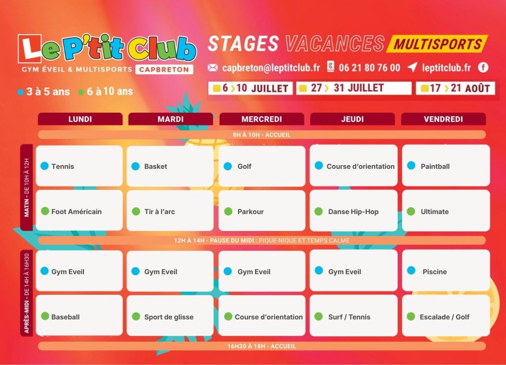 Planning 1 Stages vacances d'été 2026 Le P'tit Club Capbreton