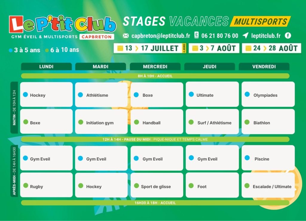 Planning 2 Stages vacances d'été 2026 Le P'tit Club Capbreton