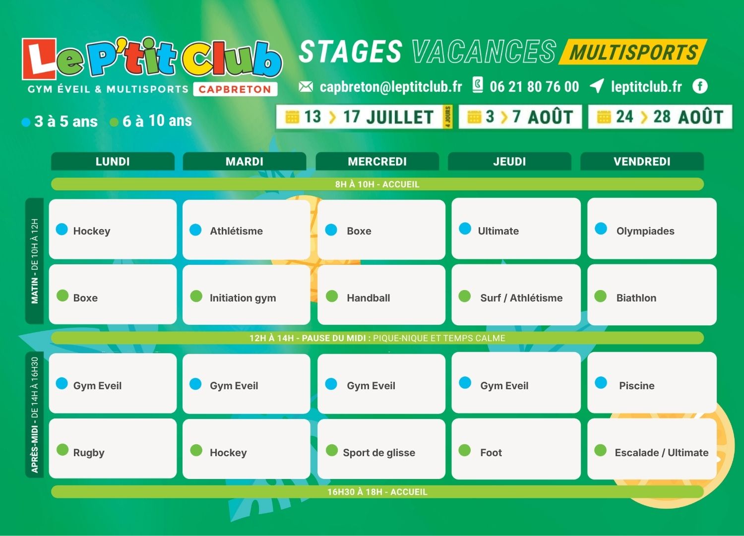 Planning 2 Stages vacances d'été 2026 Le P'tit Club Capbreton