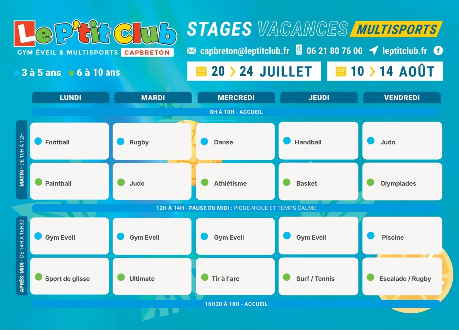 Planning 3 Stages vacances d'été 2026 Le P'tit Club Capbreton
