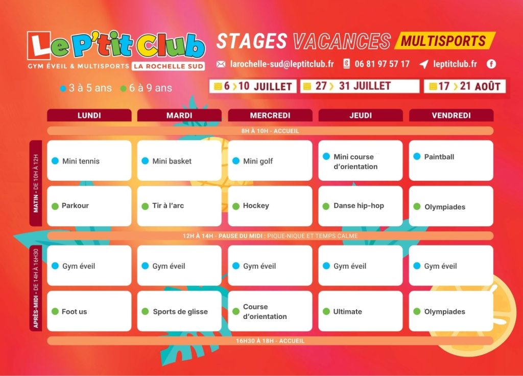 Planning 1 Stages vacances d'été 2026 Le P'tit Club La Rochelle Sud