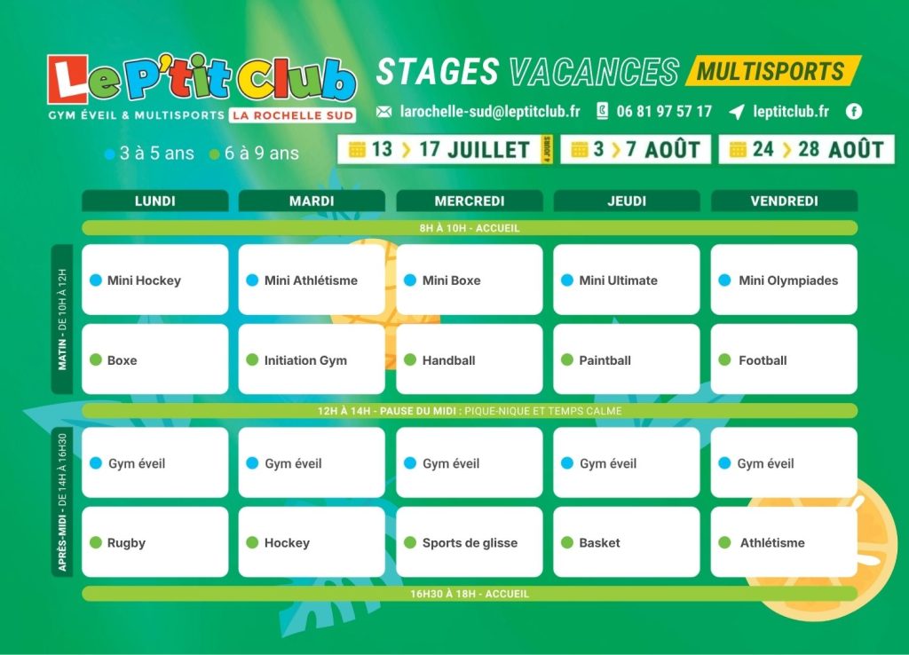 Planning 2 Stages vacances d'été 2026 Le P'tit Club La Rochelle Sud