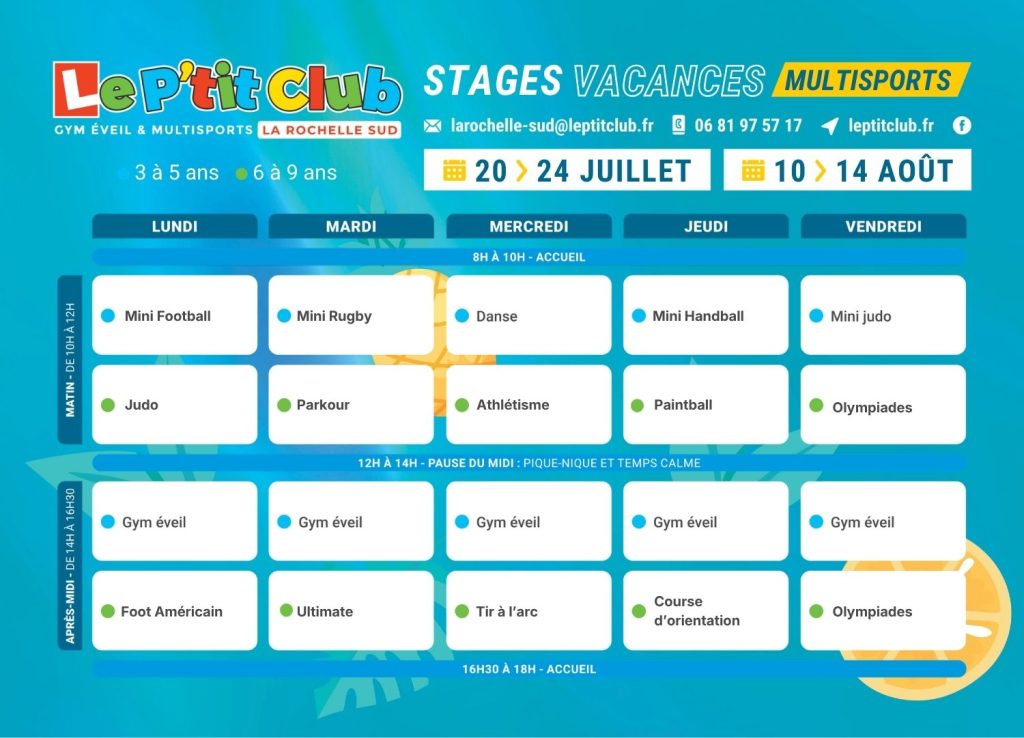 Planning 3 Stages vacances d'été 2026 Le P'tit Club La Rochelle Sud