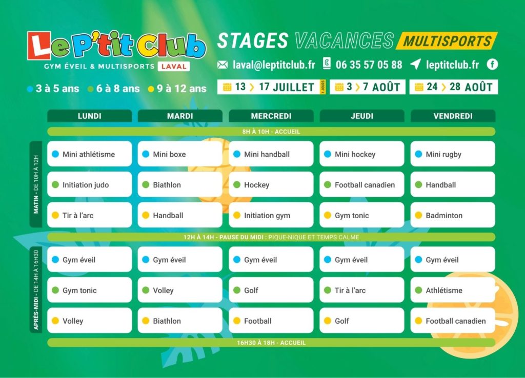 Planning 2 Stages vacances d'été 2026 Le P'tit Club Laval