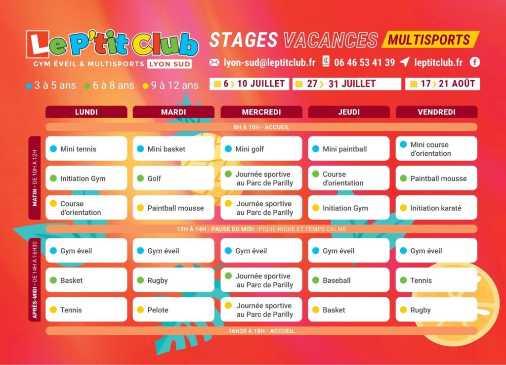 Planning 1 Stages vacances d'été 2026 Le P'tit Club Lyon Sud