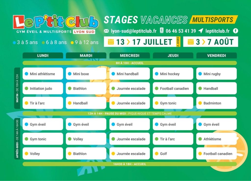 Planning 2 Stages vacances d'été 2026 Le P'tit Club Lyon Sud