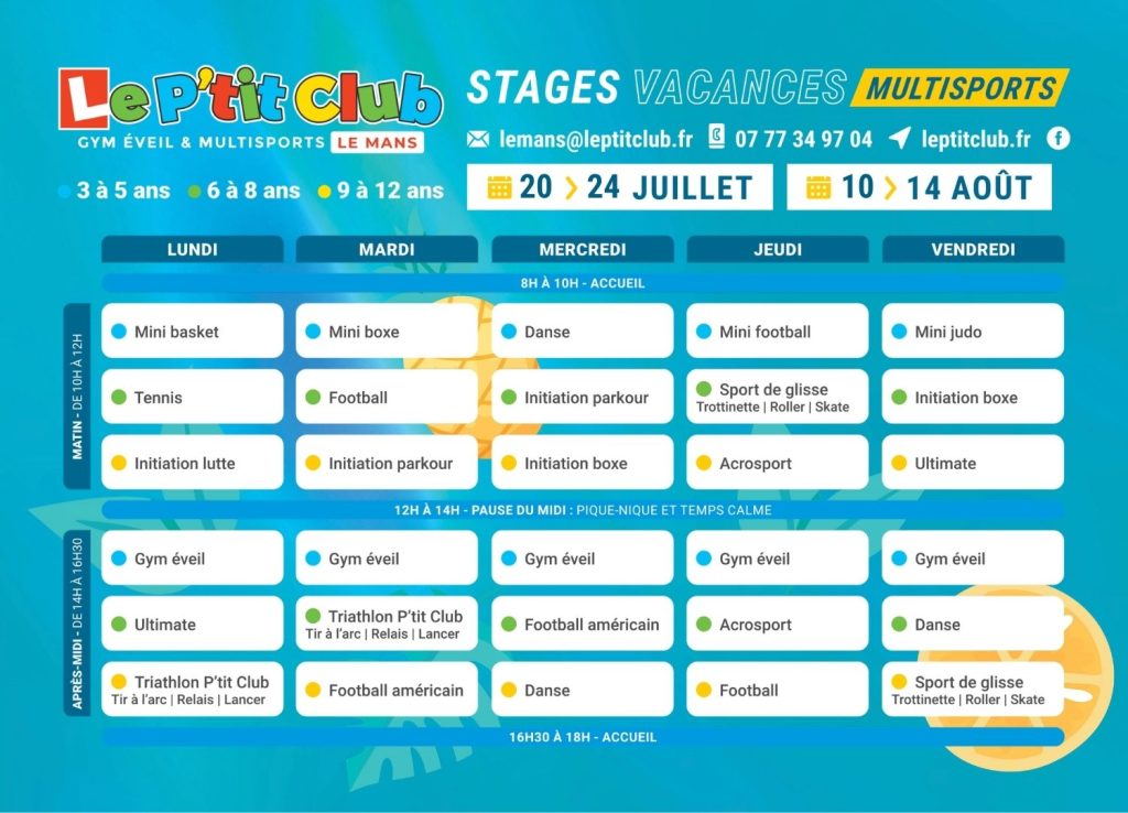 Planning 3 Stages vacances d'été 2026 Le P'tit Club Le Mans