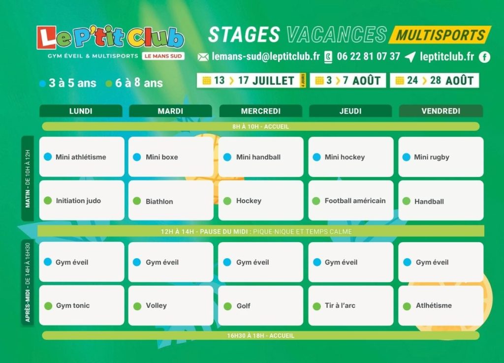 Planning 2 Stages vacances d'été 2026 Le P'tit Club Le Mans Sud
