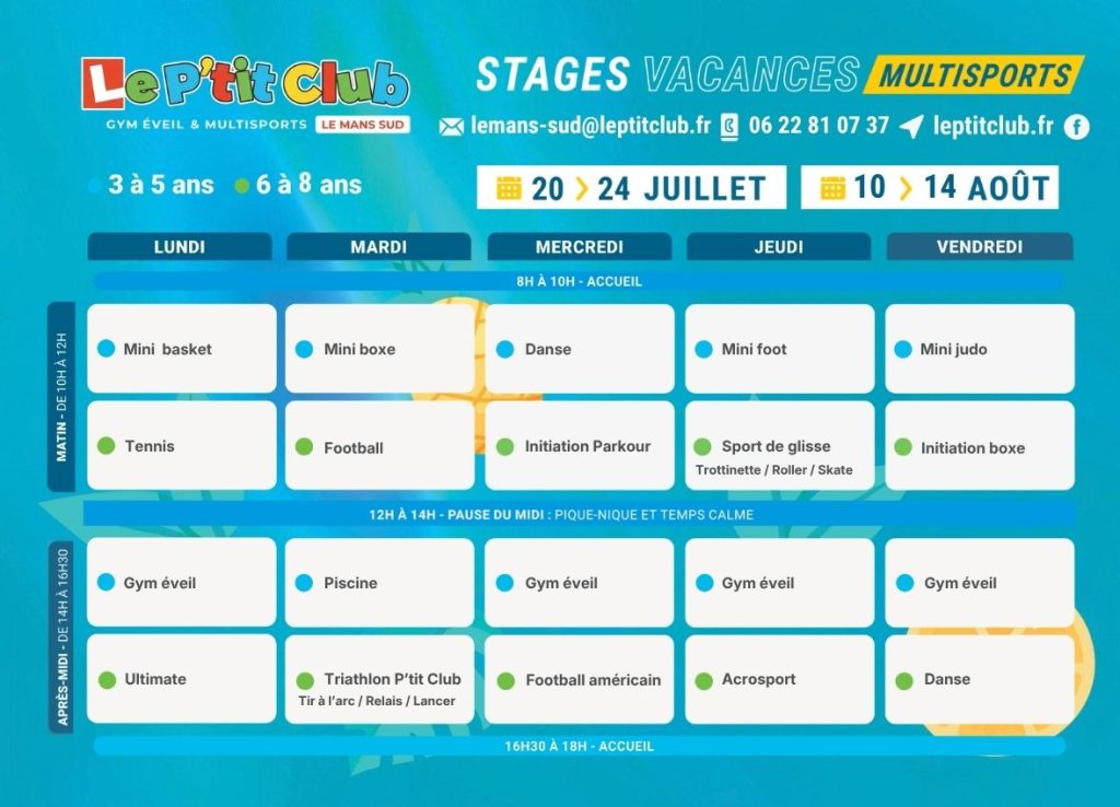 Planning 3 Stages vacances d'été 2026 Le P'tit Club Le Mans Sud