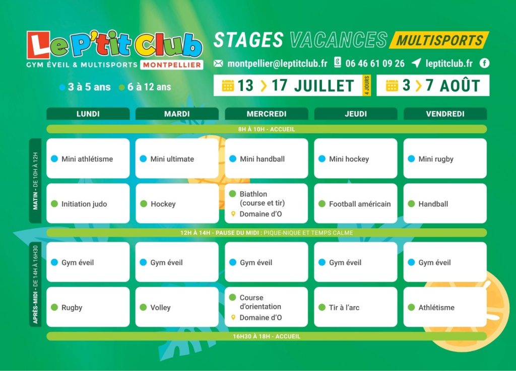 Planning 2 Stages vacances d'été 2026 Le P'tit Club Montpellier