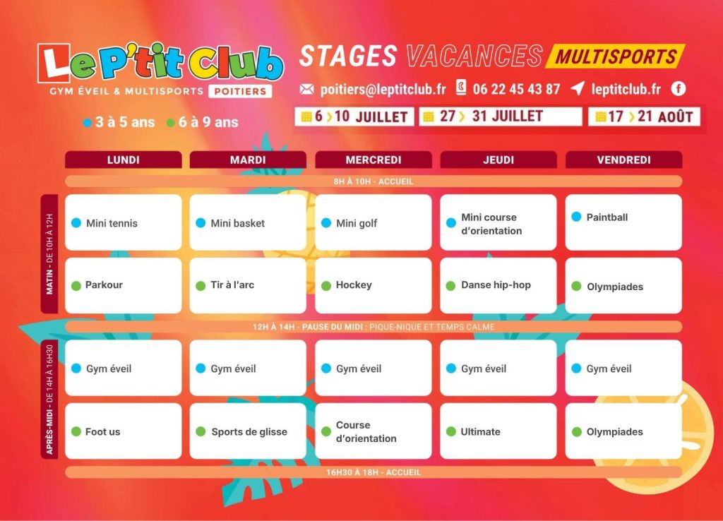 Planning 1 Stages vacances d'été 2026 Le P'tit Club Poitiers