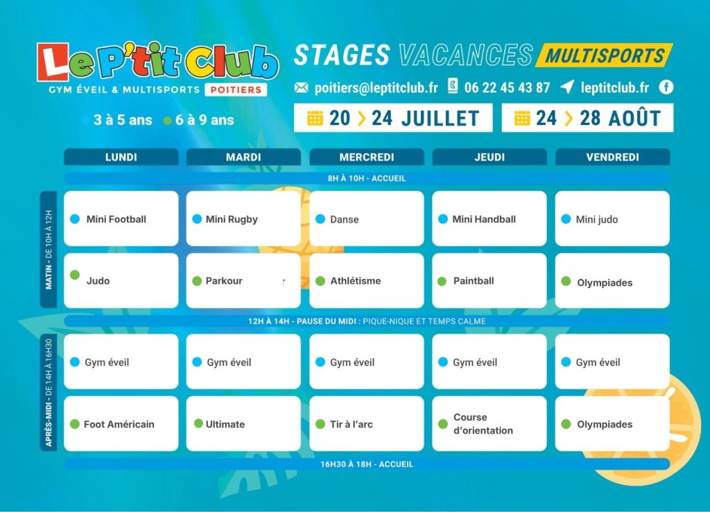 Planning 3 Stages vacances d'été 2026 Le P'tit Club Poitiers