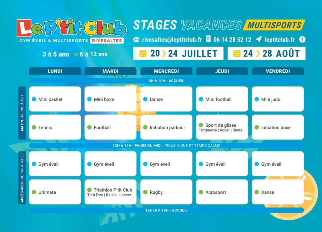 Planning 3 Stages vacances d'été 2026 Le P'tit Club Rivesaltes