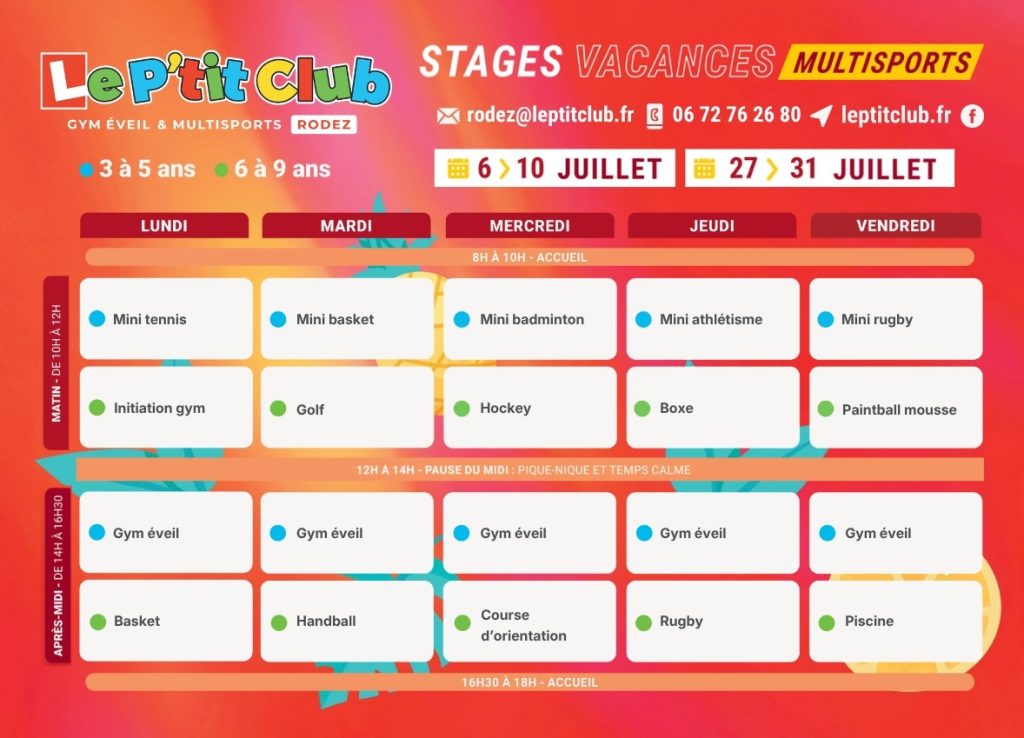 Planning 1 Stages vacances d'été 2026 Le P'tit Club Rodez