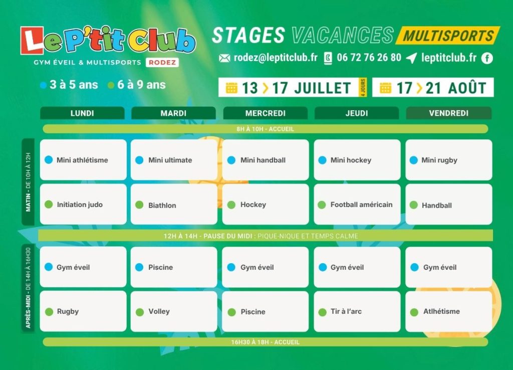 Planning 2 Stages vacances d'été 2026 Le P'tit Club Rodez