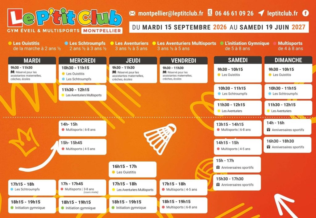 Planning Le P'tit Club Montpellier 2026-2027