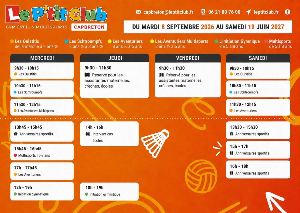 Planning Le P'tit Club Capbreton 2026-2027