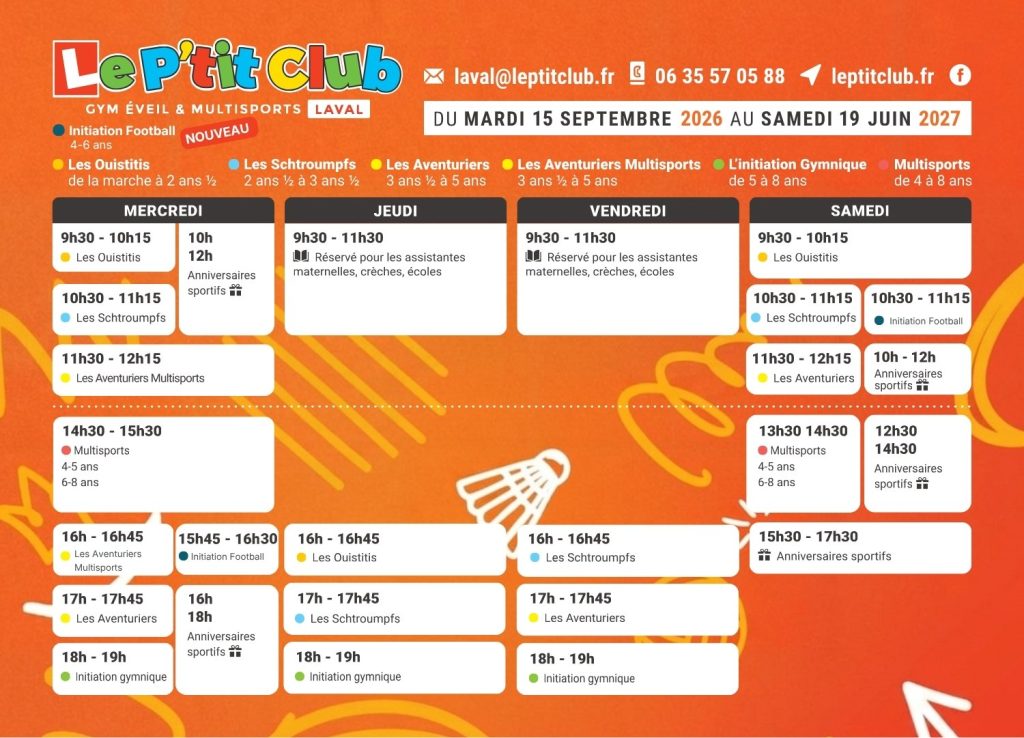 Planning Le P'tit Club Laval 2026-2027