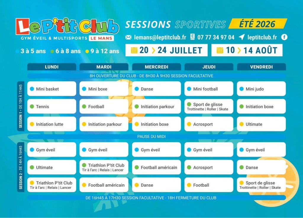 Planning 3 Stages vacances d'été 2026 Le P'tit Club Le Mans