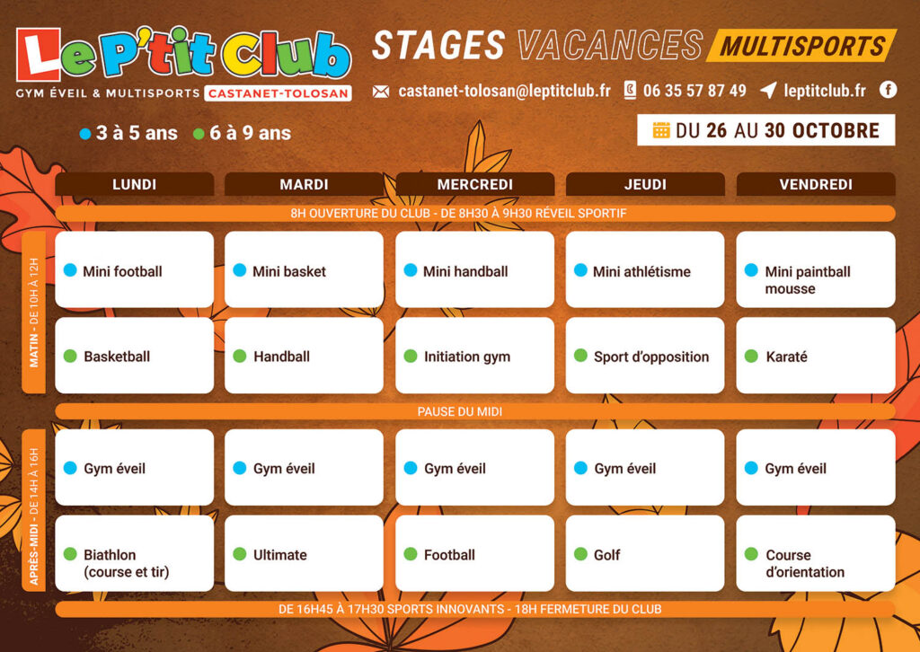 Planning 2 Stages vacances de la Toussaint 2026 Le P'tit Club Castanet-Tolosan