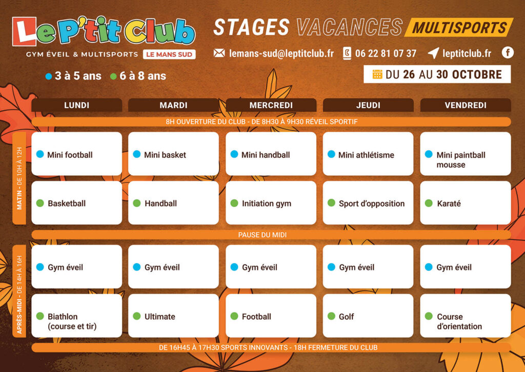 Planning 2 Stages vacances de la Toussaint 2026 Le P'tit Club Le Mans Sud