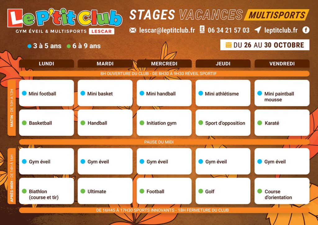 Planning 2 Stages vacances de la Toussaint 2026 Le P'tit Club Lescar