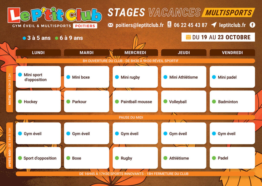 Planning 1 Stages vacances de la Toussaint 2026 Le P'tit Club Poitiers