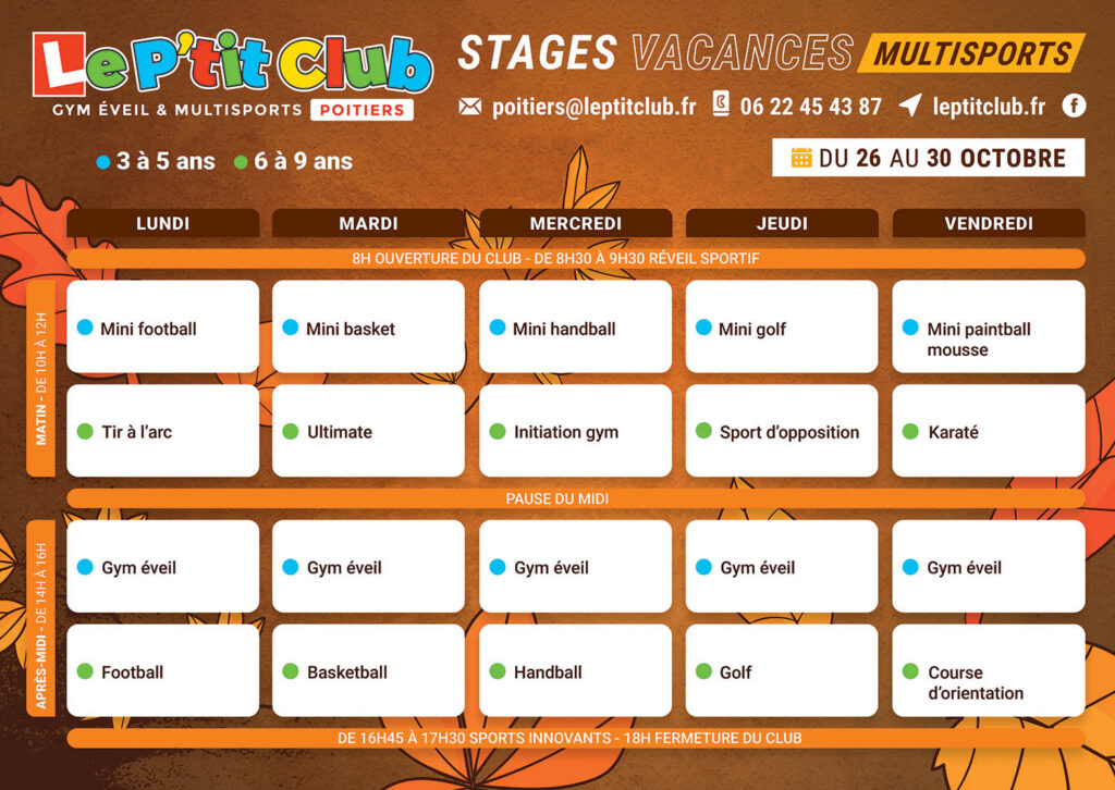 Planning 2 Stages vacances de la Toussaint 2026 Le P'tit Club Poitiers