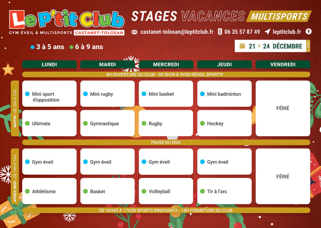 Planning Stages vacances de Noël 2026 Le P'tit Club Castanet-Tolosan
